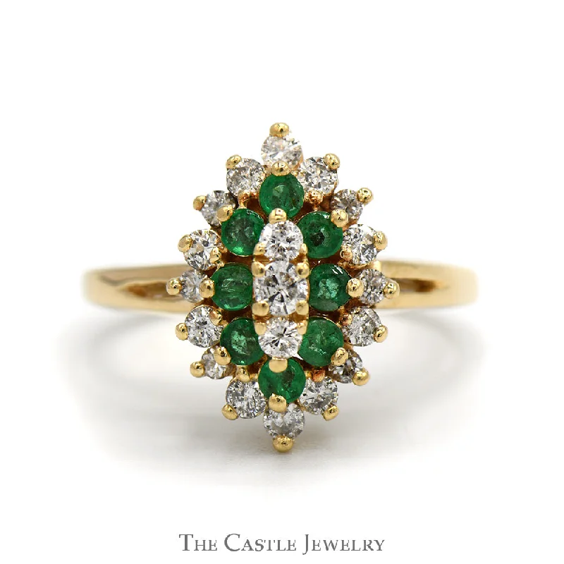 Wedding Band for Bride-Marquise Shaped Emerald & Diamond Cluster Ring in 14k Yellow Gold