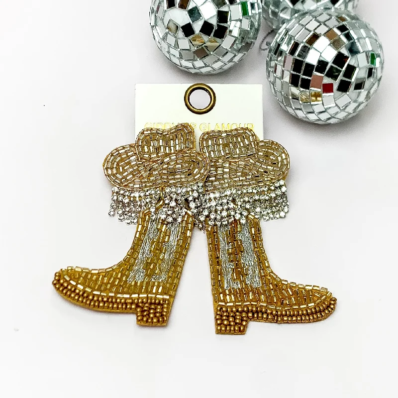 Vintage Dangle Earrings-Beaded Cowboy Hat and Boot Earrings with Clear Crystal Fringe in Gold