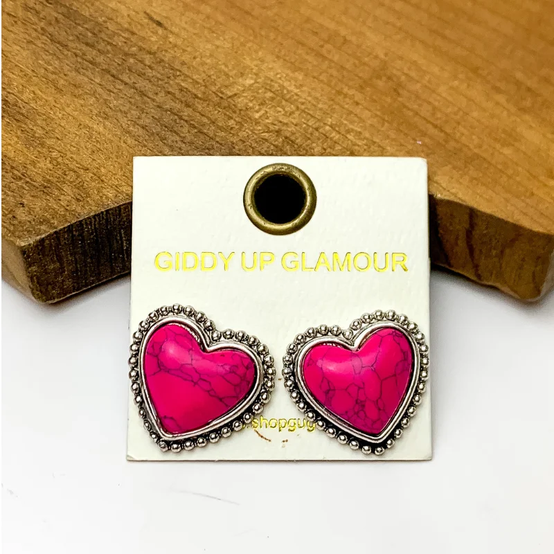 Custom Engraved Earrings-Pink Marbled Heart Stud Earrings with a Silver Tone Trim