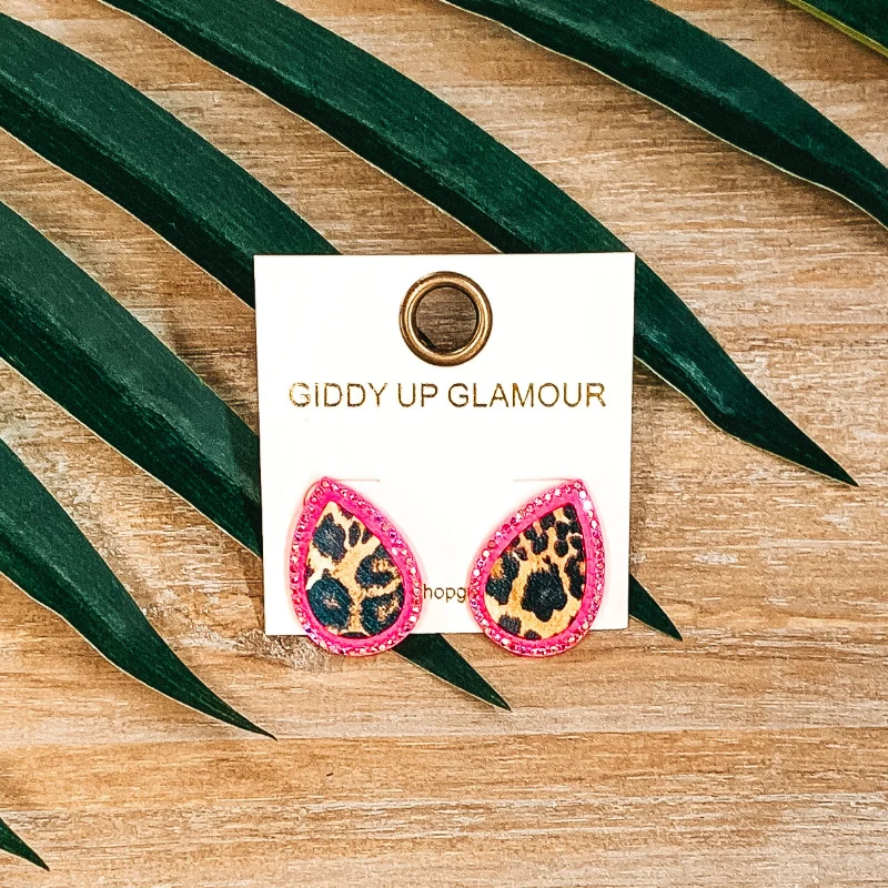 Large Drop Earrings for Weddings-Teardrop Leopard Print Studs in Hot Pink with Multi Crystals