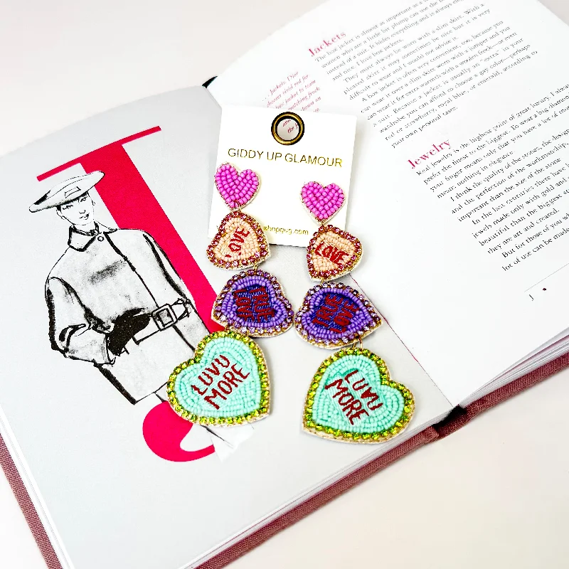 Dainty Earrings for Women-Four Tiered Beaded Multicolored Conversation Hearts Earrings