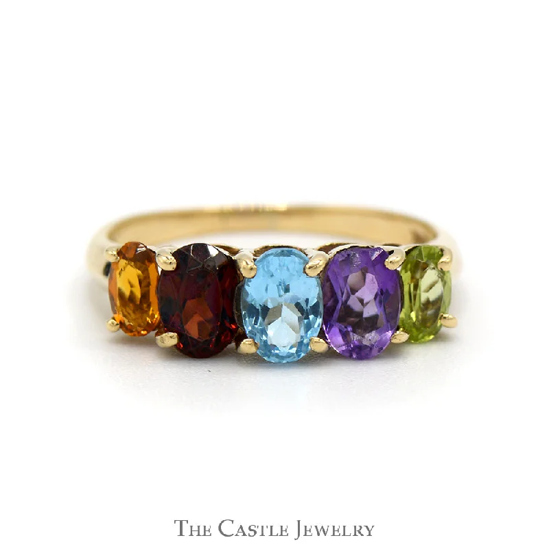 Customizable Wedding Band Set-5 Oval Cut Multi Gemstone Ring in 10k Yellow Gold