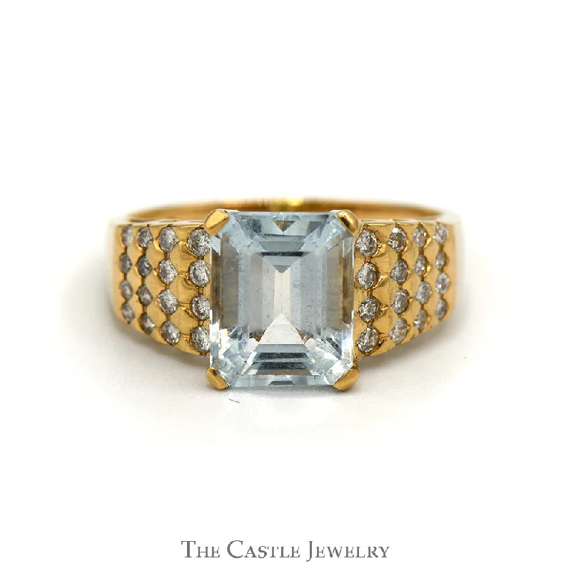 Wedding Ring Set with Sapphire-Emerald Cut Aquamarine Ring with Diamond Cluster Sides in 14k Yellow Gold