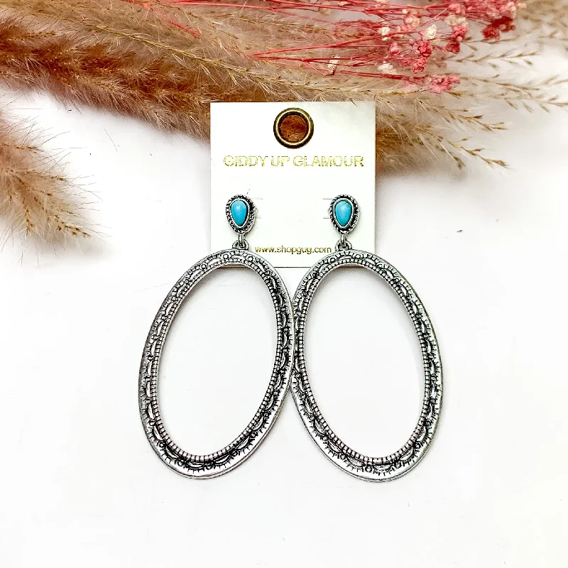 Dazzling Gold Earrings-Oval Large Silver Tone Earrings With Turquoise Posts