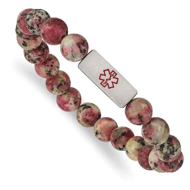 Boho Beaded Bracelet-Stainless Steel Brushed Medical ID Rhodochrosite Bead Stretch Bracelet