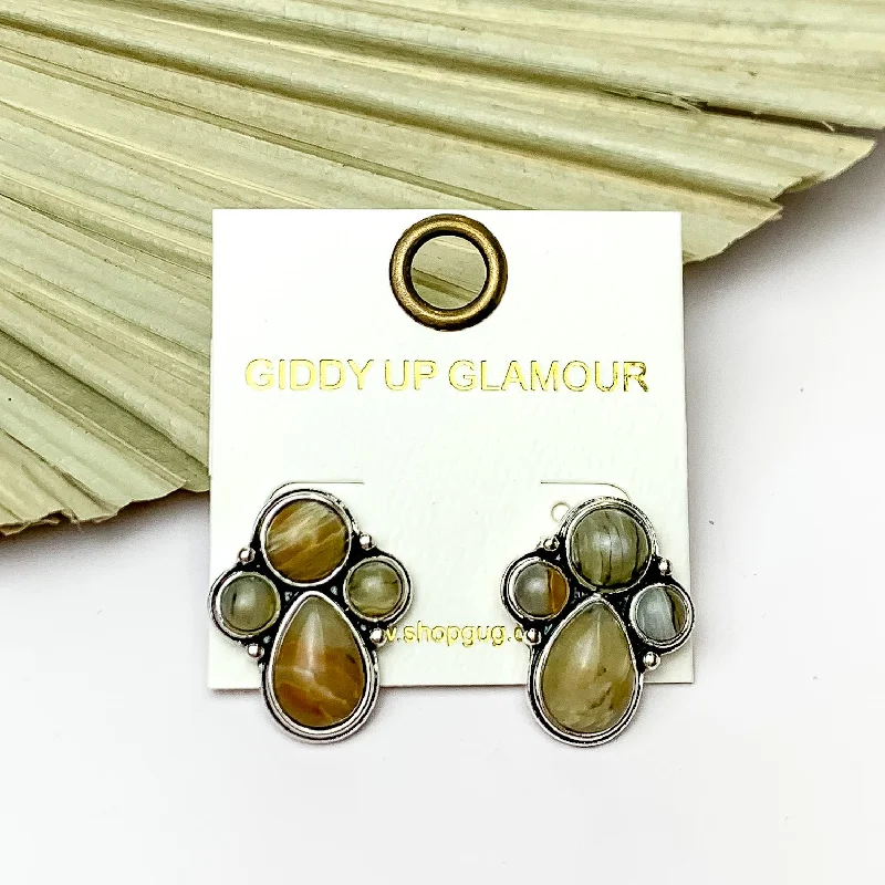 Dainty Gold Earrings-Silver Tone Cluster Stone Earrings in Natural Brown