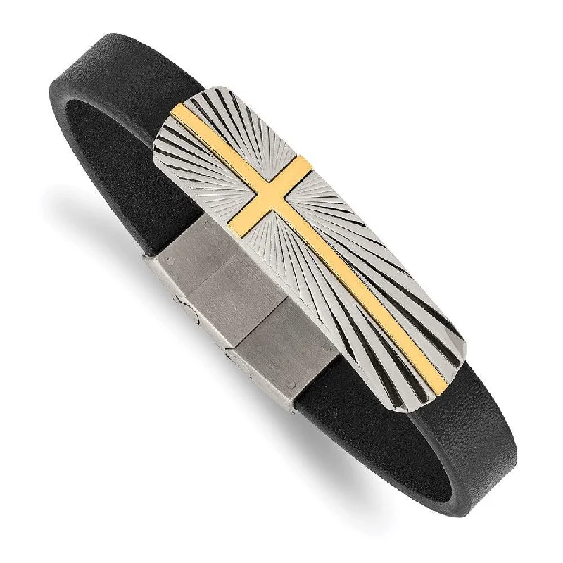 Simple Crystal Bangle Bracelet-Stainless Steel Polished Yellow IP Cross Black Leather w/.5in ext Bracelet