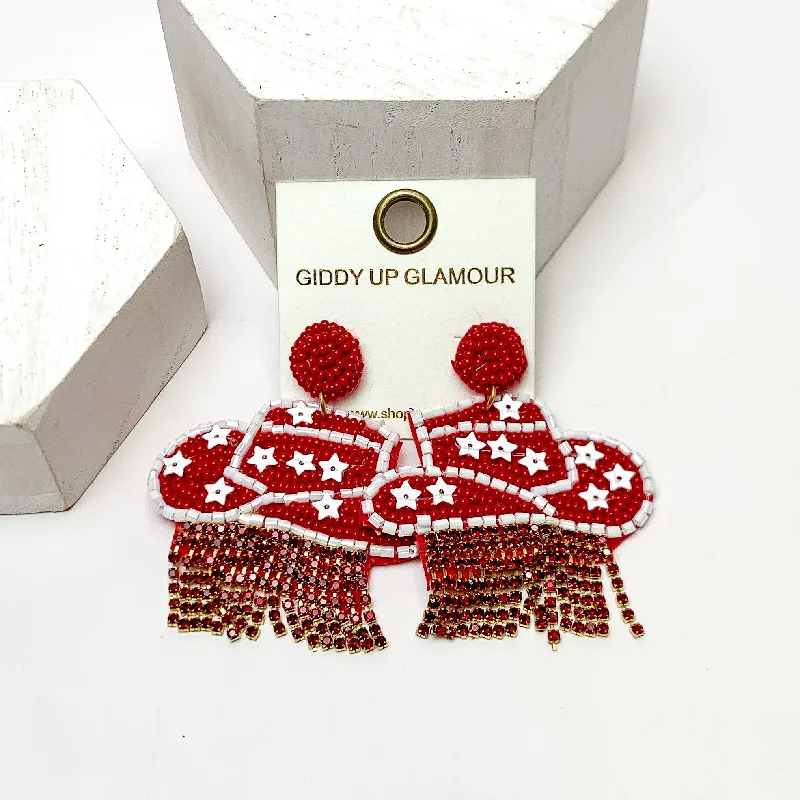 Unique Earrings for Bridesmaids-Gameday Beaded Cowboy Hat Earrings with White Crystal Fringe in Maroon and White