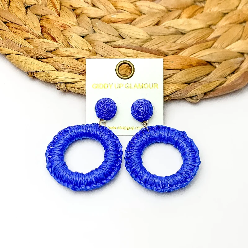 Beaded Dangle Earrings-Beachside Café Raffia Wrapped Circle Earrings in Royal Blue