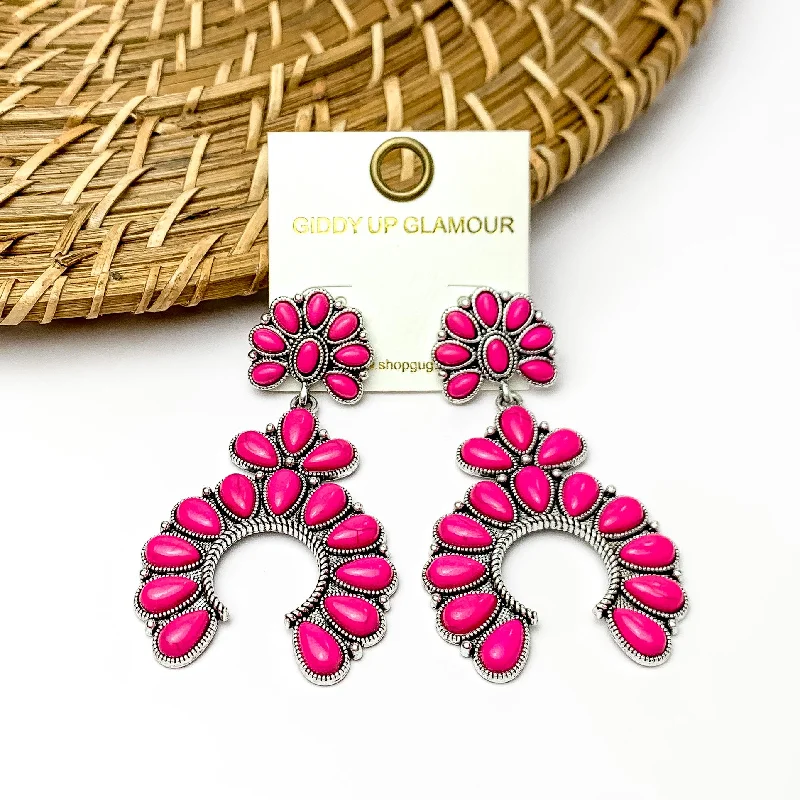 Birthstone Earrings for December-Hot Pink and Silver Horseshoe Drop Earrings