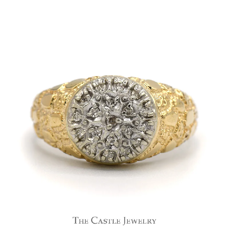 Fashionable Gold Engagement Ring-1/4cttw Round Diamond Cluster Ring with Nugget Designed Sides in 10k Yellow Gold