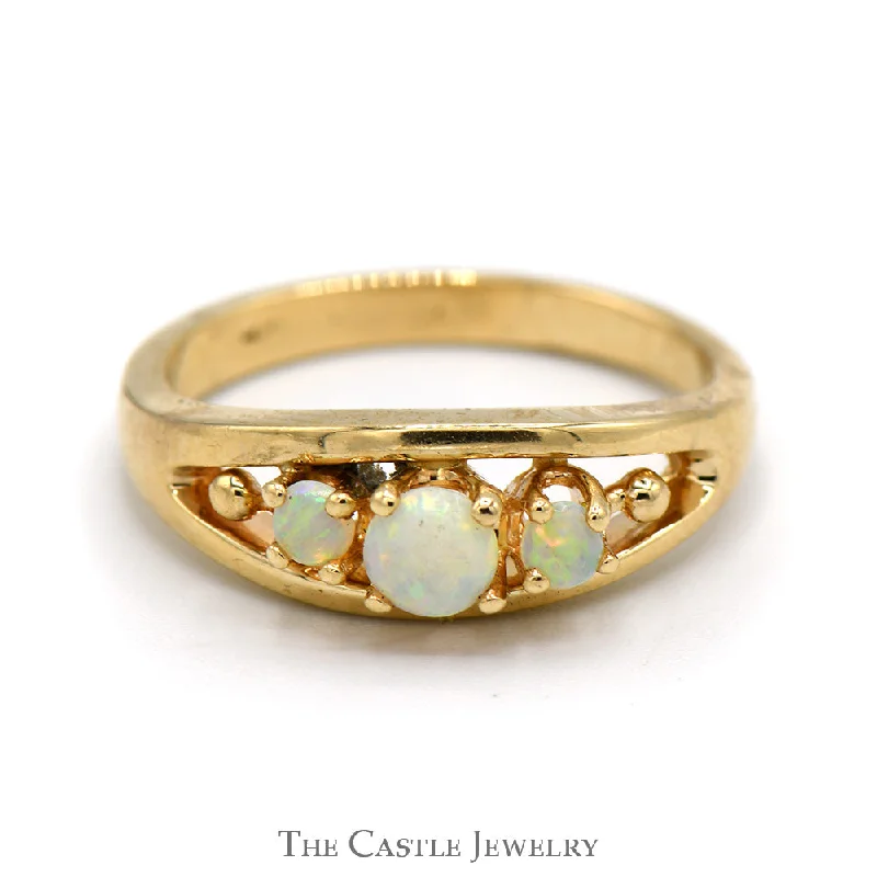 Classic Silver Wedding Ring-Three Stone Opal Ring with Beaded Accents in 14k Yellow Gold