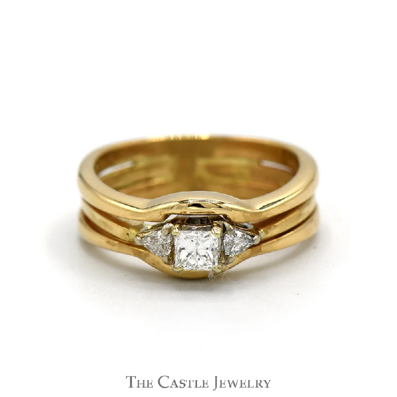 Classic Gold Wedding Band-Princess Cut & Trillion Cut Diamond Three Stone Bridal Set in 14k Yellow Gold