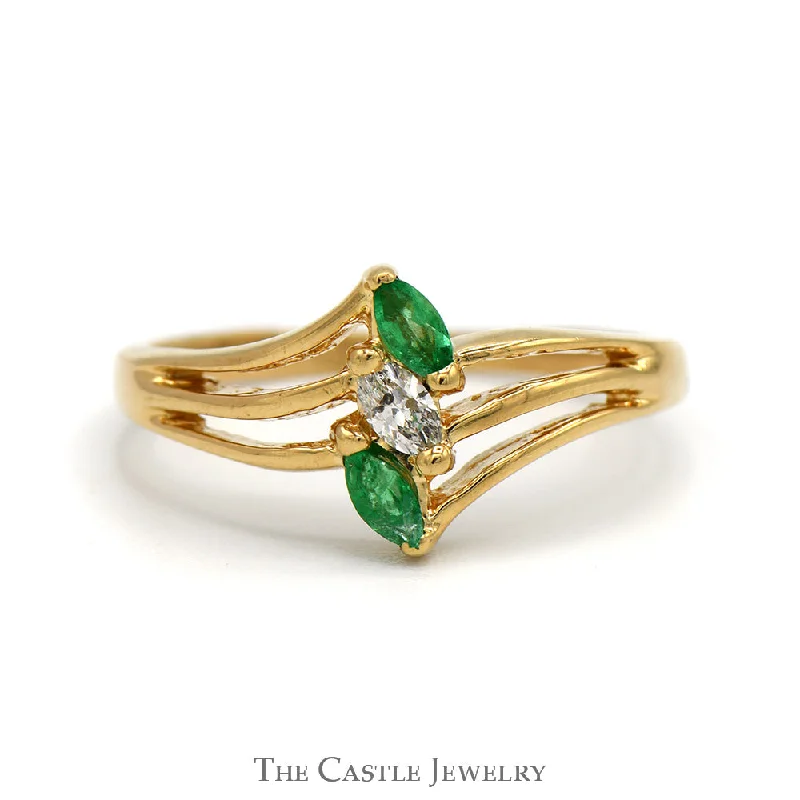 Custom Diamond Band-Marquise Cut Emerald & Diamond Vertical Three Stone Ring in 14k Yellow Gold Triple Split Shank Setting