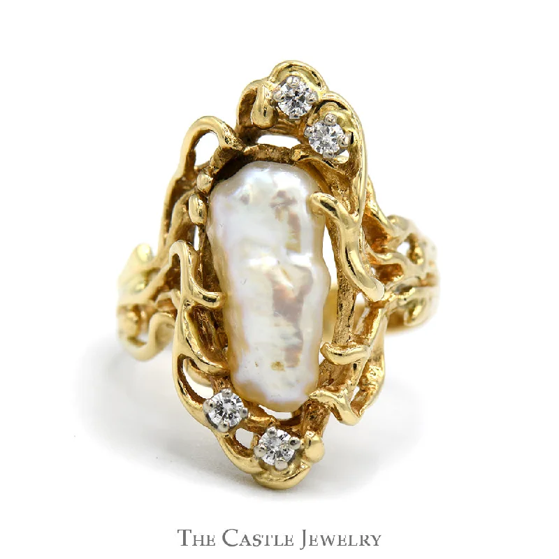 Handmade Wedding Ring-Baroque Pearl Ring with Diamond Accents in 14k Yellow Gold Vine Designed Setting