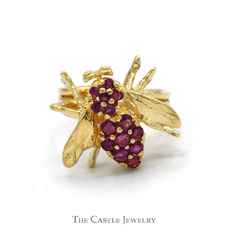 Stunning Platinum Engagement Ring-Bee Designed Ruby Cluster Ring in 14k Yellow Gold