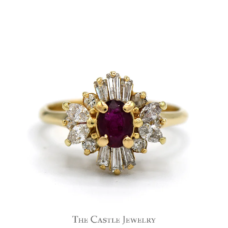 Platinum Wedding Ring-Oval Ruby Ring with Marquise & Baguette Cut Diamond Halo in 14k Yellow Gold