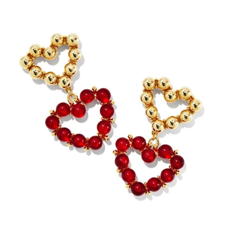 Pearl and Gold Earrings-Kendra Scott | Ashton Gold Heart Drop Earrings in Red Glass