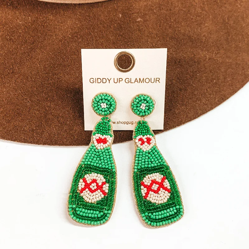 High-End Earrings for Weddings-Beaded Beer Bottle Earrings in Green