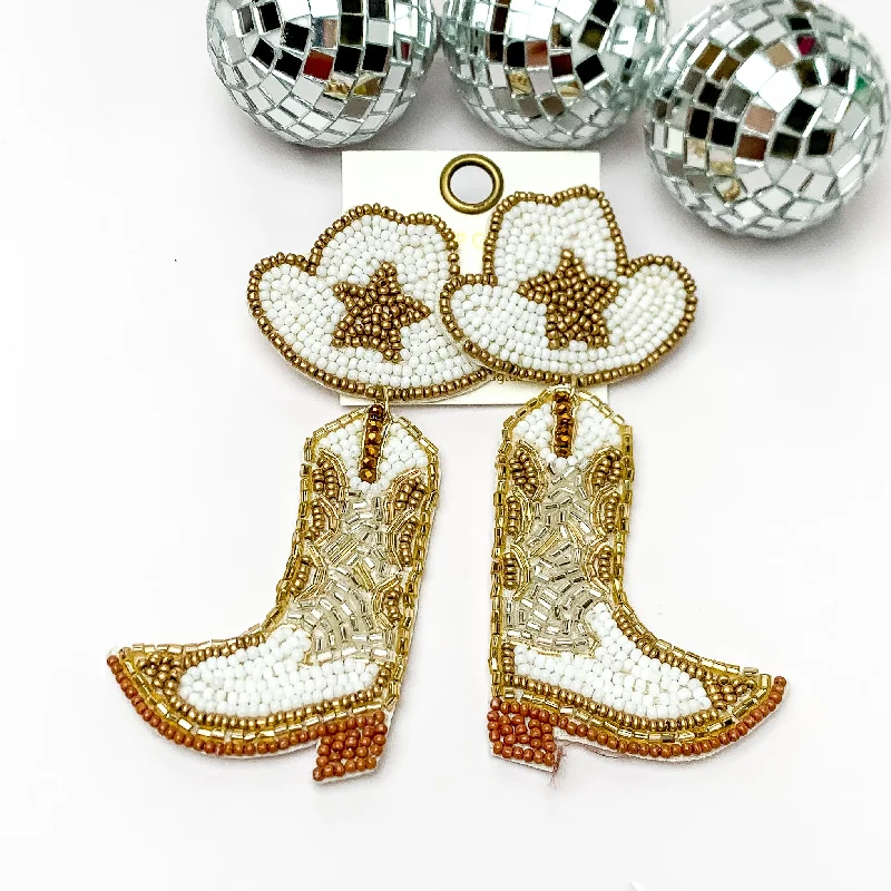 Luxury Diamond Earrings-Beaded Cowboy Hat and Boot Earrings with Gold Star in White