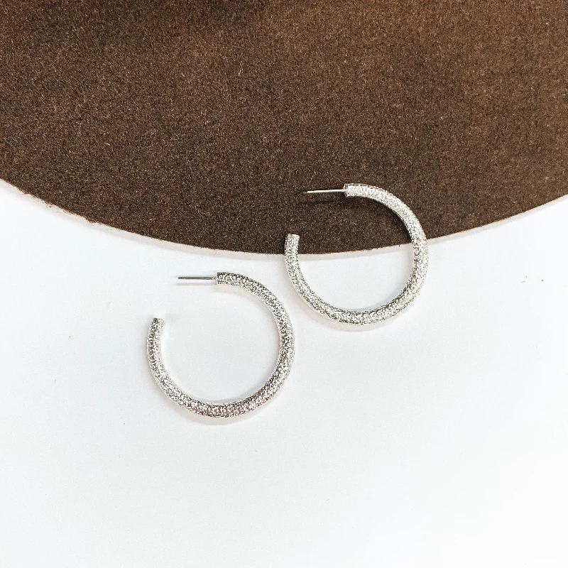 Tiny Huggie Earrings-Textured Medium Sized Hoop Earrings in Silver