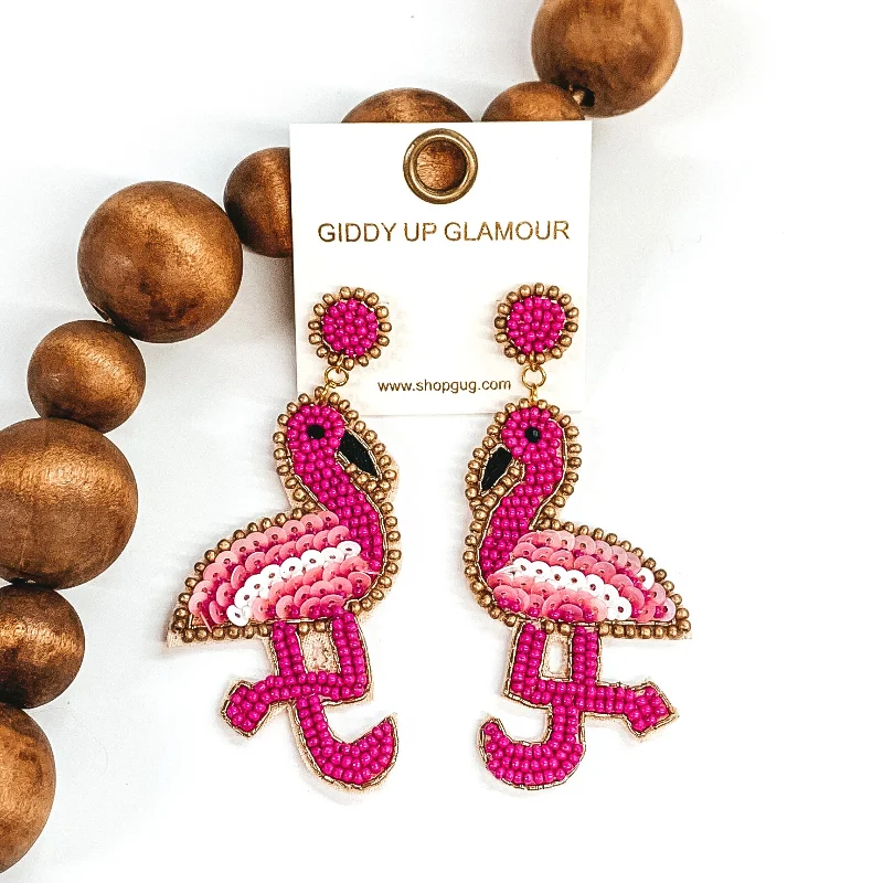 Luxury Earrings for Wedding-Beaded Flamingo Earrings with Gold Outline in Fuchsia