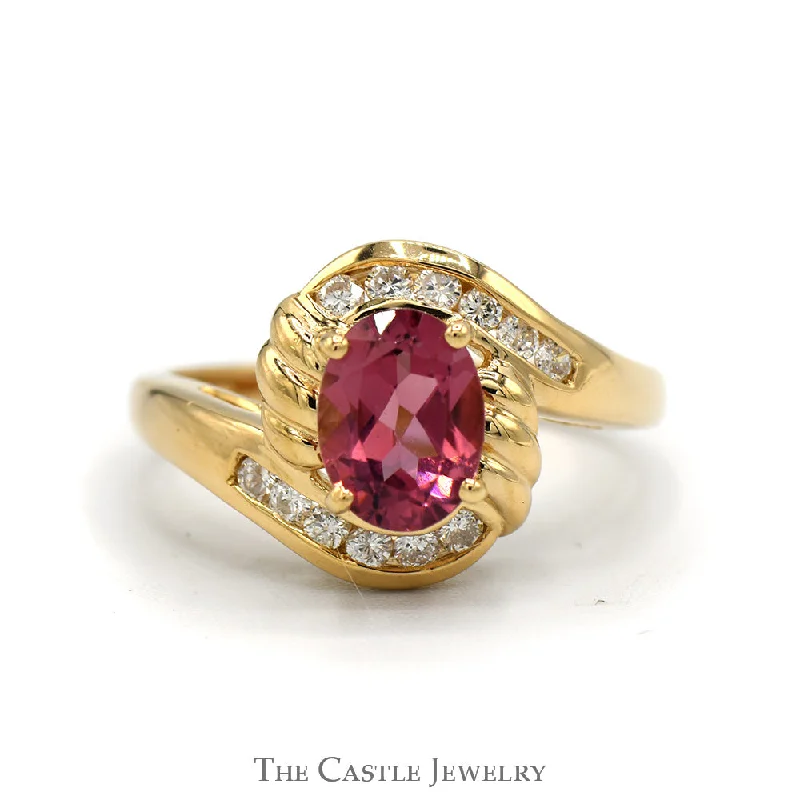 Unique Wedding Ring Set-Oval Pink Tourmaline And Channel-Set Diamond Ring in Bypass Design 14 KT Yellow Gold