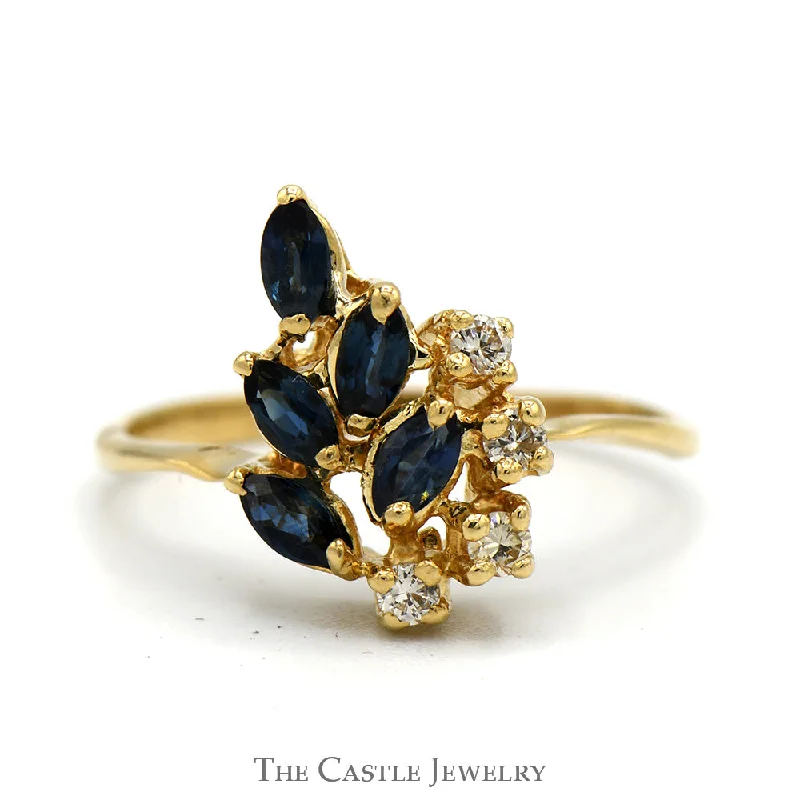 Trendy Stackable Rings-Marquise Cut Sapphire & Round Diamond Cluster Ring in 14k Yellow Gold