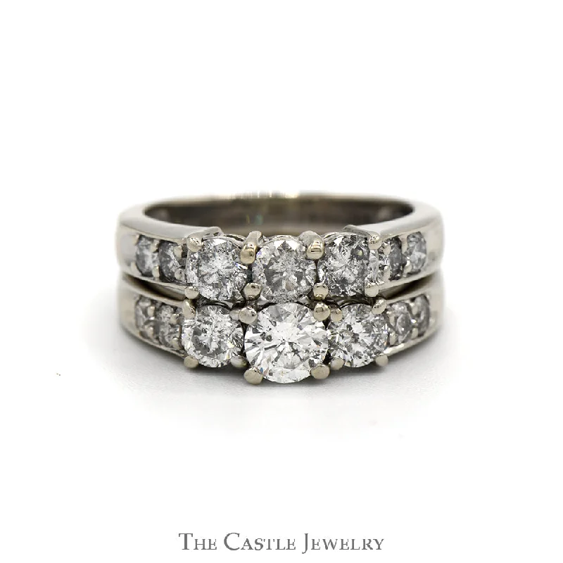 Stylish Engagement Ring-2.33cttw Three Stone Diamond Bridal Set with Accented Sides and Matching Band in 14k White Gold