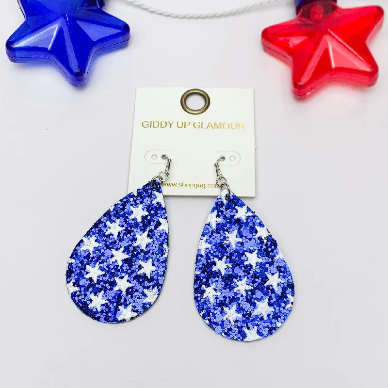 Crystal Drop Earrings-Festive Sparkly Blue Drop Earrings Filled With White Stars