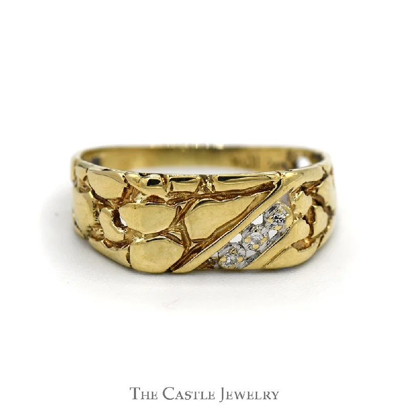 Trendy Stackable Rings-Nugget Designed Ring with Illusion Set Diamond Accents in 10k Yellow Gold