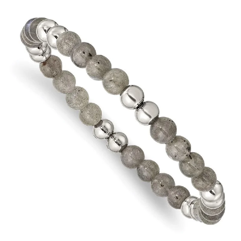 Women’s Wedding Bracelet-Stainless Steel Polished Grey Quartz Beaded Stretch Bracelet