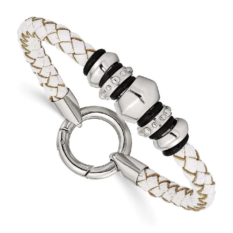 Trendy Silver Bangle-Stainless Steel Polished White Leather Black Rubber Bracelet