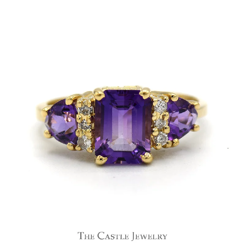 Antique Style Engagement Ring-Emerald Cut Amethyst Ring with Trillion Cut Sides & Diamond Accents in 14k Yellow Gold