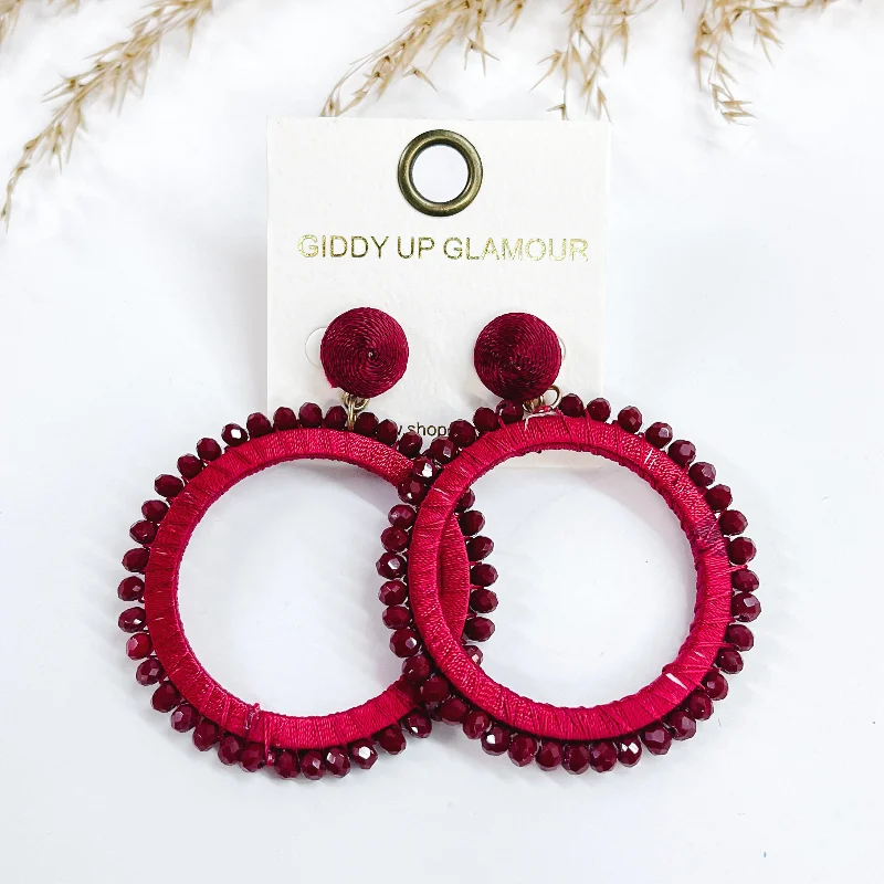 Dazzling Drop Earrings-Somewhere Sunny Post Back Circle Drop Earrings with Beads in Burgundy