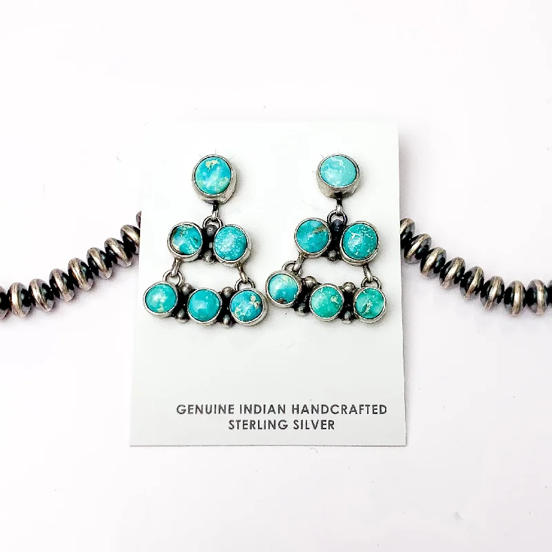 Unique Earrings for Bridesmaids-Lorenzo Sam | Navajo Handmade Sterling Silver Tiered Post Chandelier Earrings with Kingman Turquoise Stones