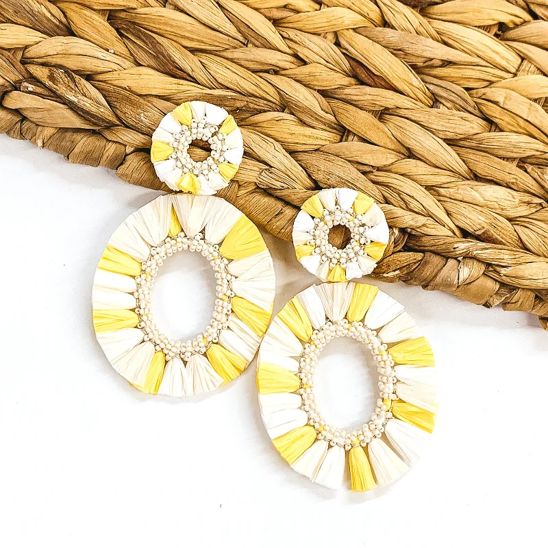 Beaded Earrings for Weddings-Siesta Keys Raffia Wrapped Open Oval Earrings in Ivory and Yellow