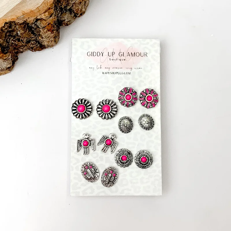 Classic Gold Stud Earrings-Set Of Six | Multiple Fuchsia Pink and Silver Tone Stud Earrings