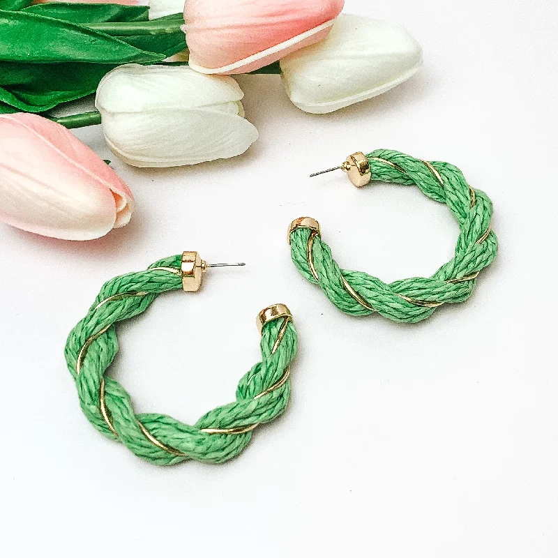 Luxury Earrings for Wedding-Paradise Dreaming Raffia Twisted Hoop Earrings with Gold Tone Detailing in Light Green