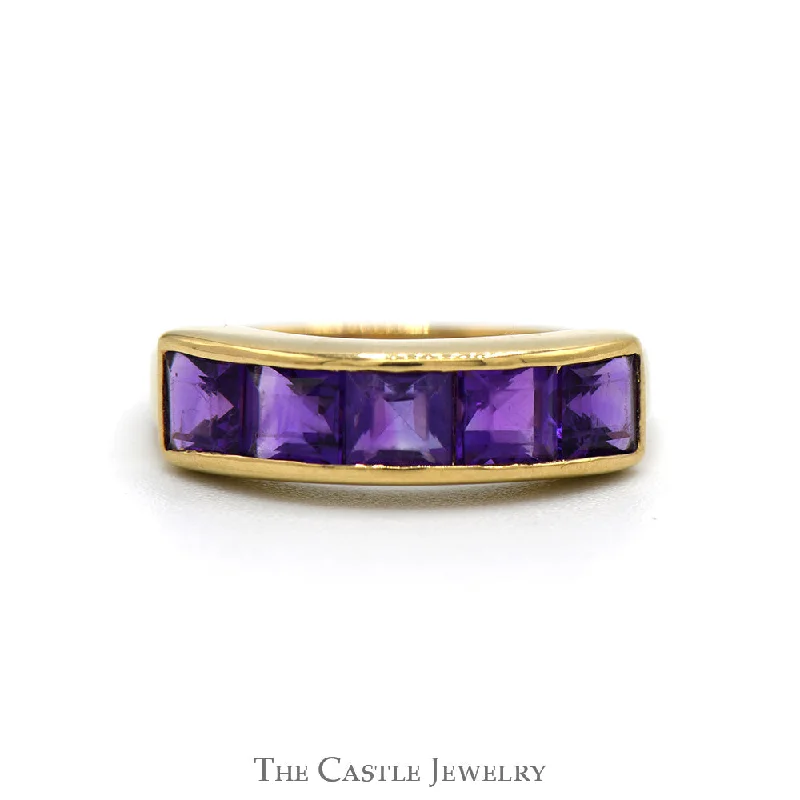 Luxury Engagement Ring Set-5 Channel Set Square Cut Amethyst Band in 14k Yellow Gold