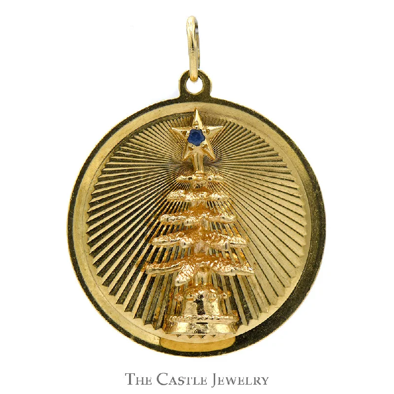 Bridal Engagement Ring-Circular Christmas Tree Pendant with Round Sapphire Accent in 14k Yellow Gold