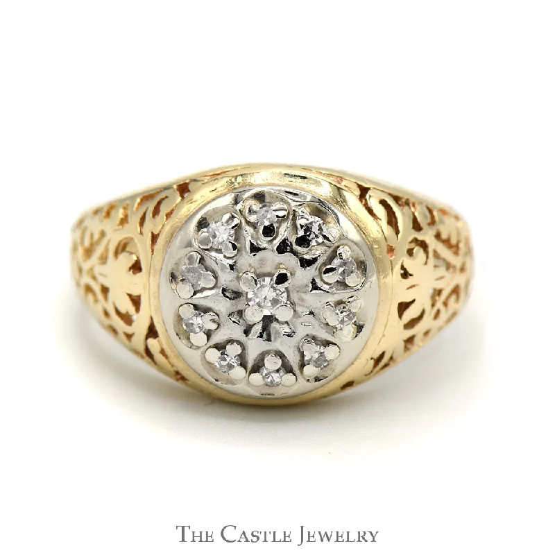 Sparkling Gold Engagement Ring-1/4cttw Kentucky Diamond Cluster Ring with Filigree Sides in 14k Yellow Gold