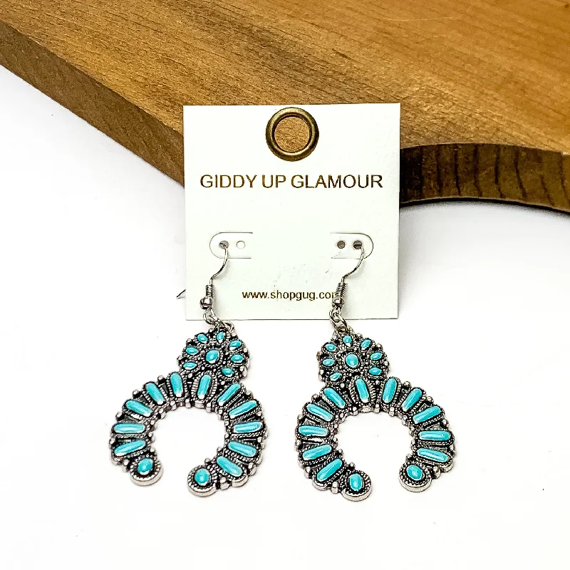 Lightweight Hoop Earrings-Squash Blossom Silver Tone Medium Earrings in Turquoise