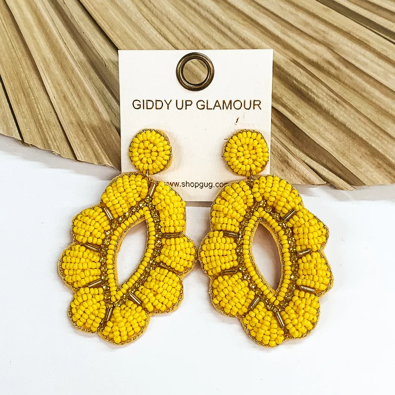 Black Earrings for Women-Sweet as Blooms Beaded Open Oval Drop with a Scalloped Edge in Yellow