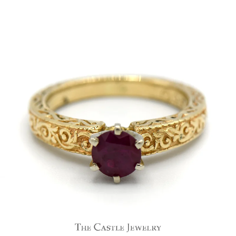 Custom Engagement Ring Set for Women-Round Ruby Ring with Floral Scroll Designed Sides in 14k Yellow Gold