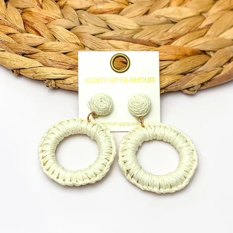 Custom Diamond Earrings-Beachside Café Raffia Wrapped Circle Earrings in Ivory White