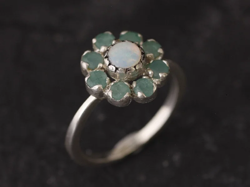 Classic Gold Ring-Opal Flower Ring - Genuine Emerald Ring -  Vintage Cocktail Ring