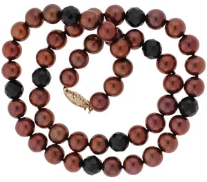 Vintage Pendant Necklace-18" Chocolate Potato Pearl Necklace with Round Onyx (SKU: 190281)