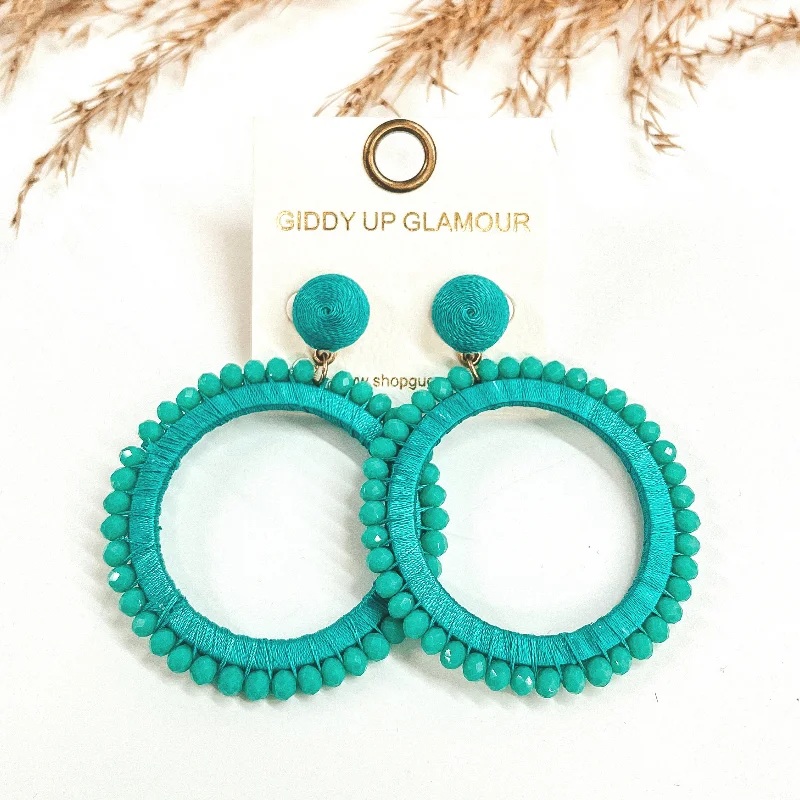 Stylish Hoop Earrings-Somewhere Sunny Post Back Circle Drop Earrings with Beads in Turquoise