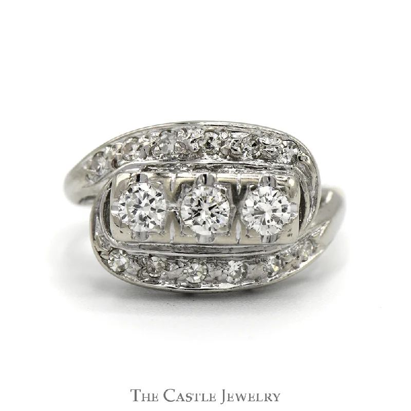 Silver Promise Ring-1/2cttw Antique Style 3 Stone Diamond Ring with Diamond Accented Bypass Design in 14k White & Yellow Gold